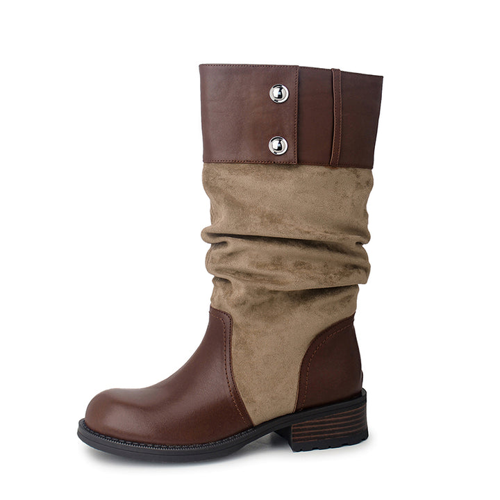 Handmade Two-Tone Leather Slouch Mid Calf Western Boots for Women in Black/Brown/Apricot