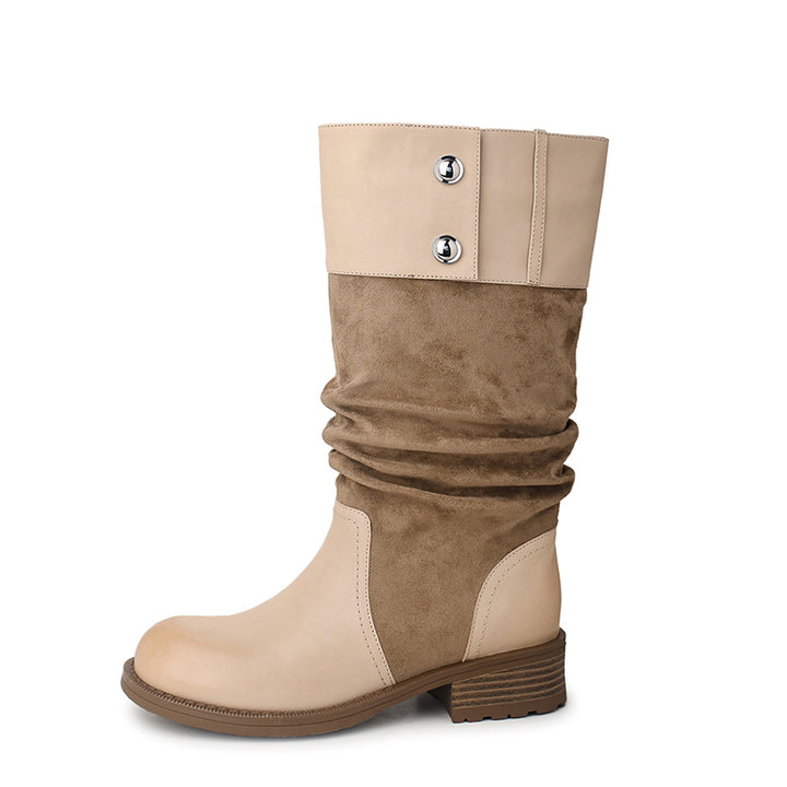 Handmade Two-Tone Leather Slouch Mid Calf Western Boots for Women in Black/Brown/Apricot