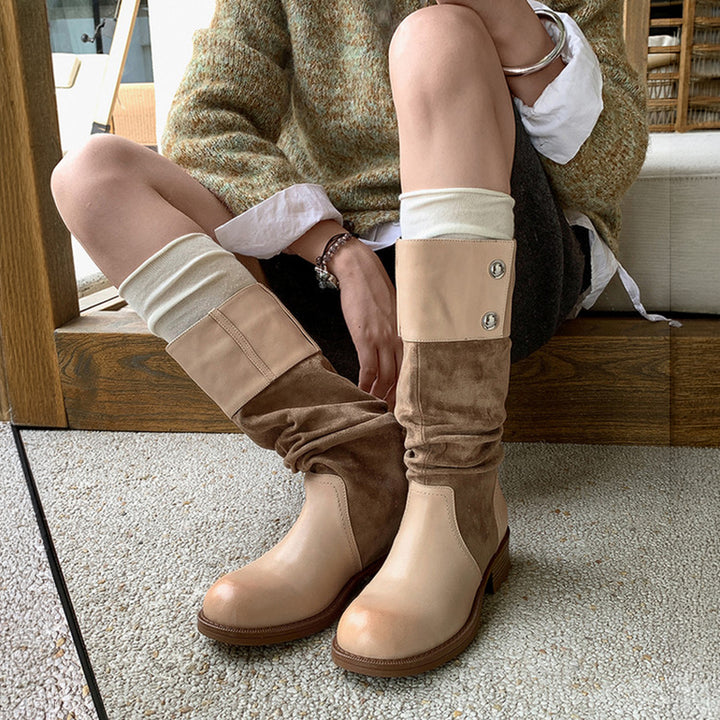 Handmade Two-Tone Leather Slouch Mid Calf Western Boots for Women in Black/Brown/Apricot