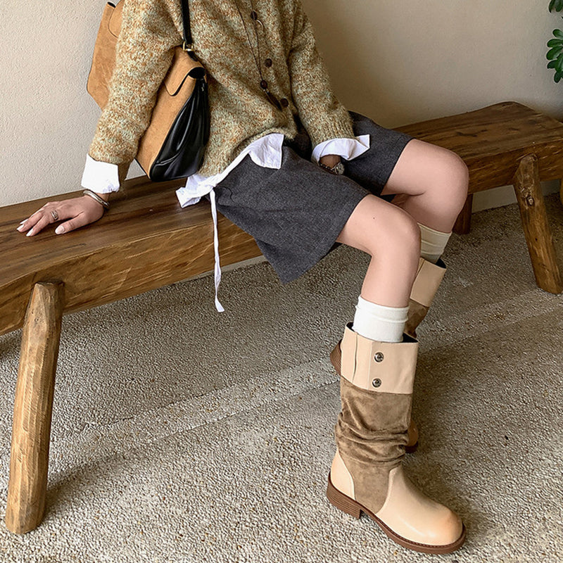 Handmade Two-Tone Leather Slouch Mid Calf Western Boots for Women in Black/Brown/Apricot