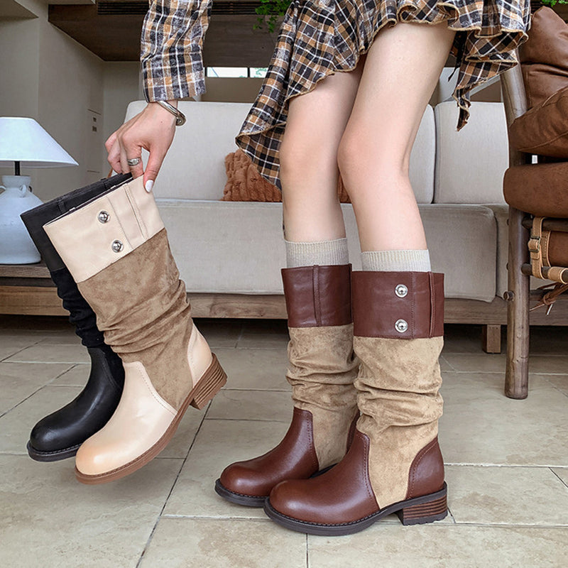 Handmade Two-Tone Leather Slouch Mid Calf Western Boots for Women in Black/Brown/Apricot