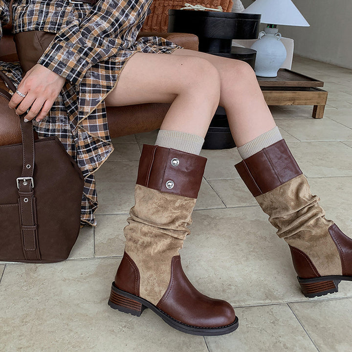 Handmade Two-Tone Leather Slouch Mid Calf Western Boots for Women in Black/Brown/Apricot