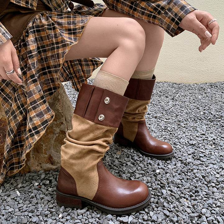 Handmade Two-Tone Leather Slouch Mid Calf Western Boots for Women in Black/Brown/Apricot
