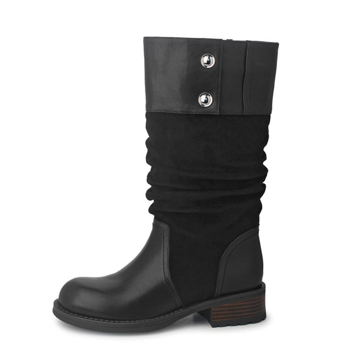 Handmade Two-Tone Leather Slouch Mid Calf Western Boots for Women in Black/Brown/Apricot