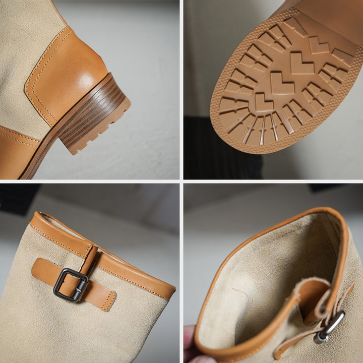 Two-Tone Leather Mid Calf Slouch Boots Low Block Heel Biker Boots for Women in Apricot/Brown