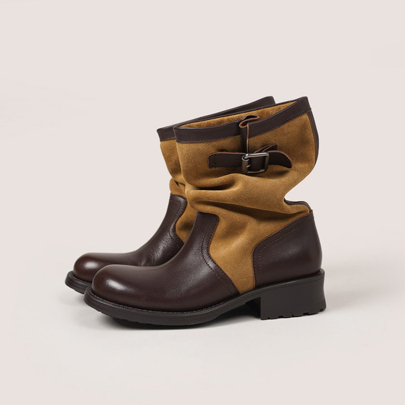 Two-Tone Leather Mid Calf Slouch Boots Low Block Heel Biker Boots for Women in Apricot/Brown