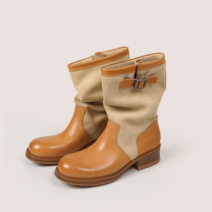 Two-Tone Leather Mid Calf Slouch Boots Low Block Heel Biker Boots for Women in Apricot/Brown