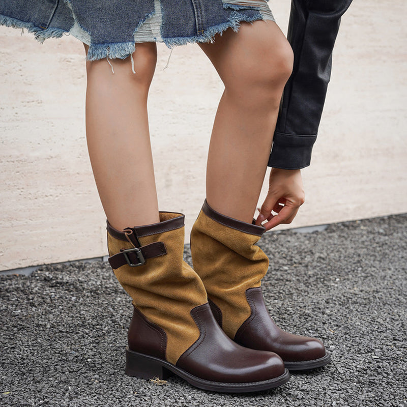 Two-Tone Leather Mid Calf Slouch Boots Low Block Heel Biker Boots for Women in Apricot/Brown