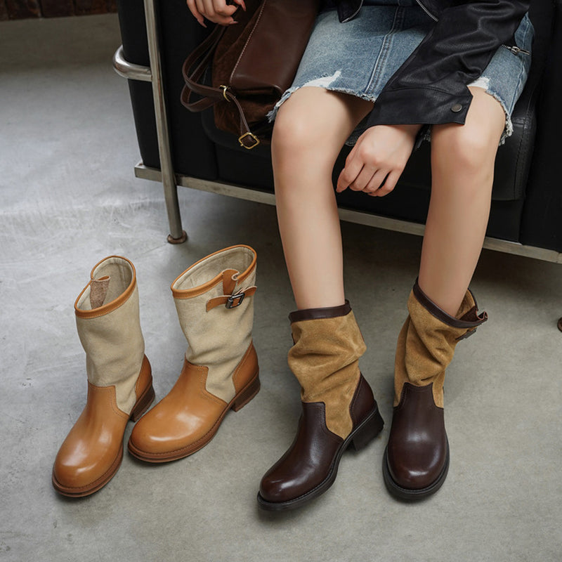 Two-Tone Leather Mid Calf Slouch Boots Low Block Heel Biker Boots for Women in Apricot/Brown