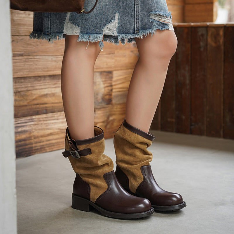 Two-Tone Leather Mid Calf Slouch Boots Low Block Heel Biker Boots for Women in Apricot/Brown