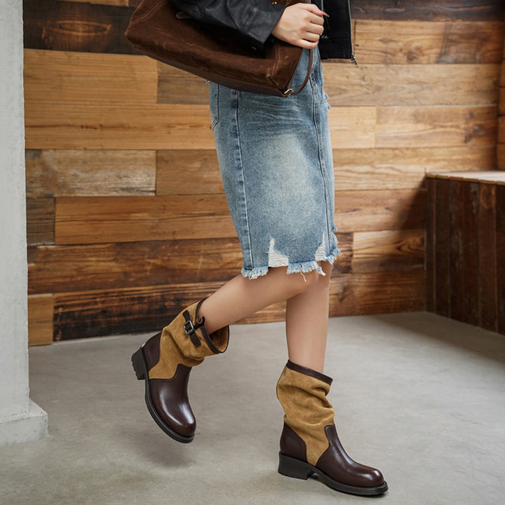 Two-Tone Leather Mid Calf Slouch Boots Low Block Heel Biker Boots for Women in Apricot/Brown