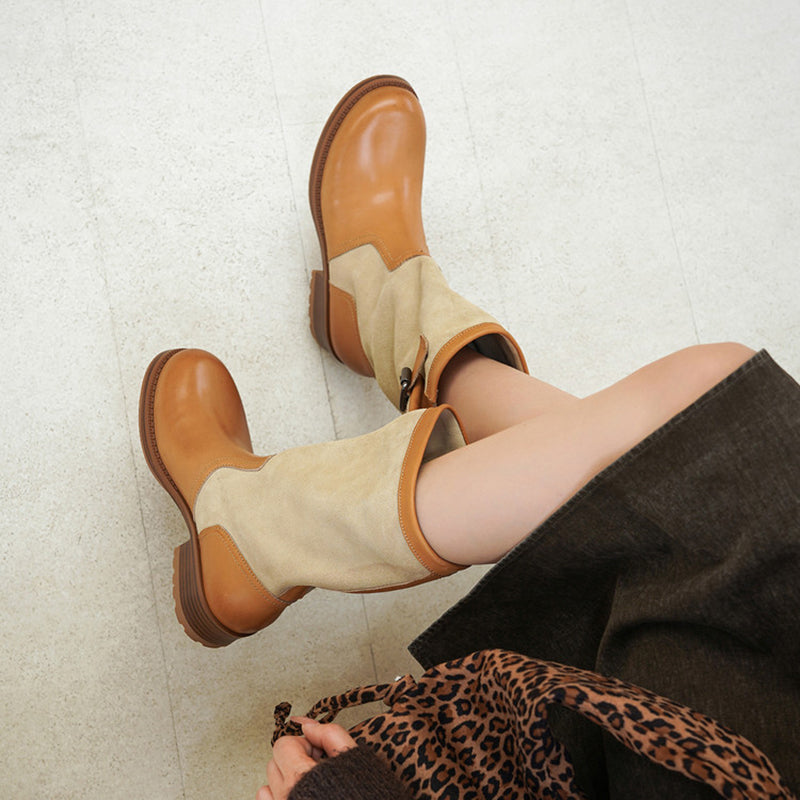 Two-Tone Leather Mid Calf Slouch Boots Low Block Heel Biker Boots for Women in Apricot/Brown