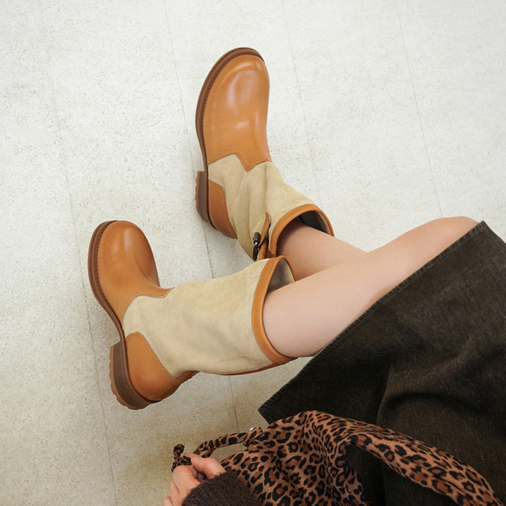 Two-Tone Leather Mid Calf Slouch Boots Low Block Heel Biker Boots for Women in Apricot/Brown