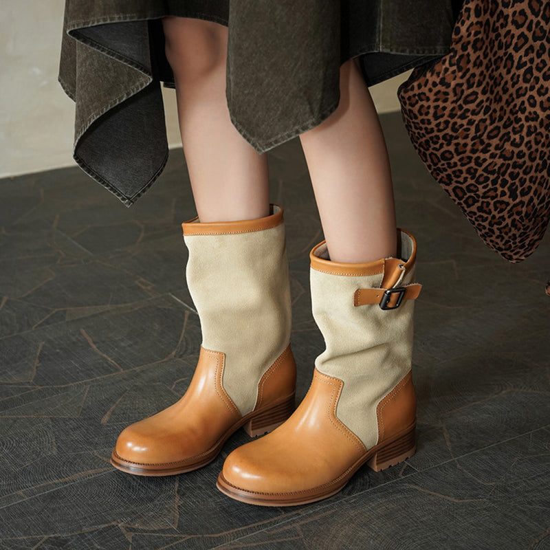 Two-Tone Leather Mid Calf Slouch Boots Low Block Heel Biker Boots for Women in Apricot/Brown