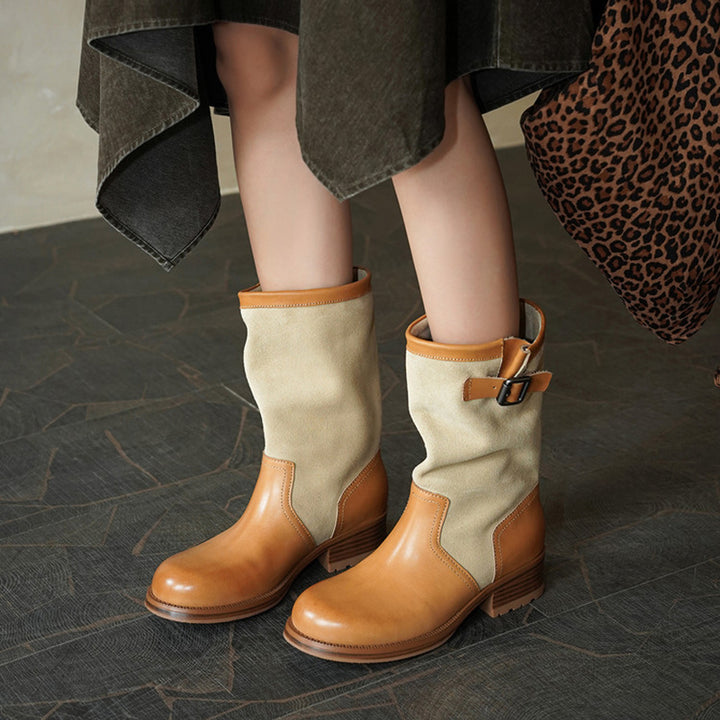 Two-Tone Leather Mid Calf Slouch Boots Low Block Heel Biker Boots for Women in Apricot/Brown