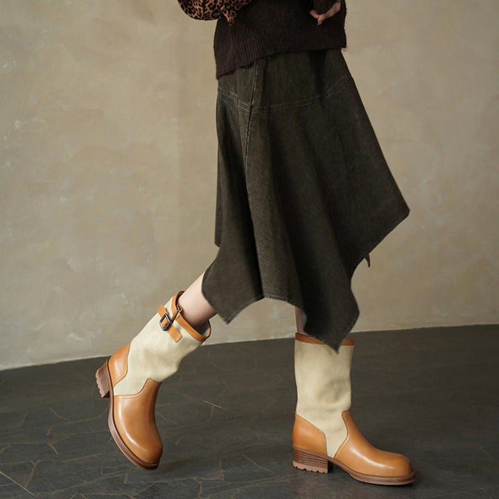 Two-Tone Leather Mid Calf Slouch Boots Low Block Heel Biker Boots for Women in Apricot/Brown