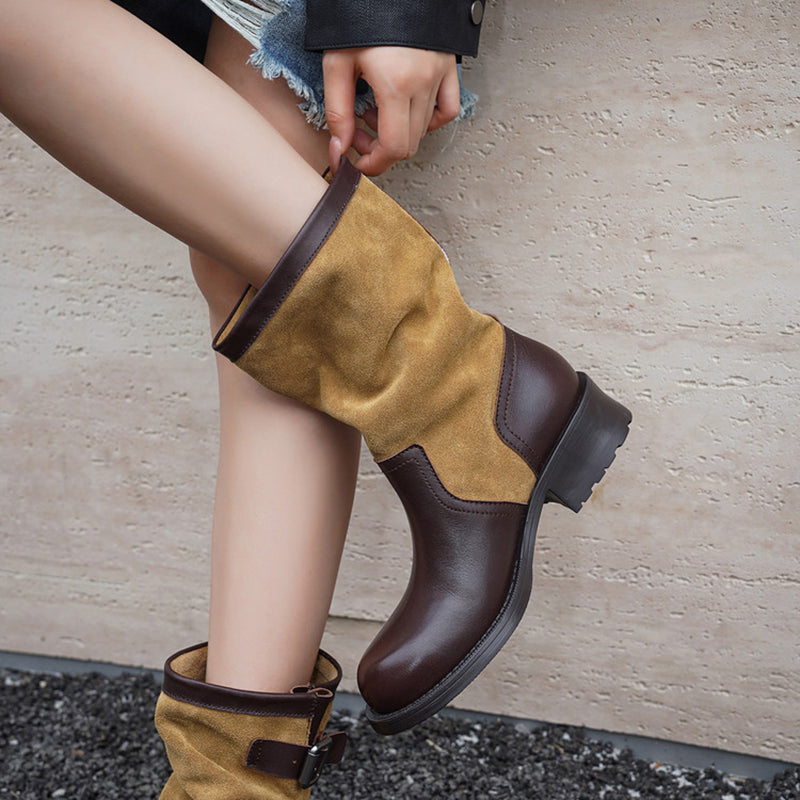 Two-Tone Leather Mid Calf Slouch Boots Low Block Heel Biker Boots for Women in Apricot/Brown