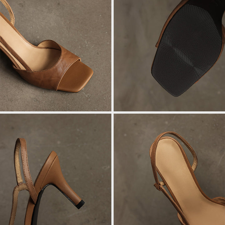 Open Toe Slingback 70mm Stiletto Heel Leather Sandals in Apricot/Black/Beige