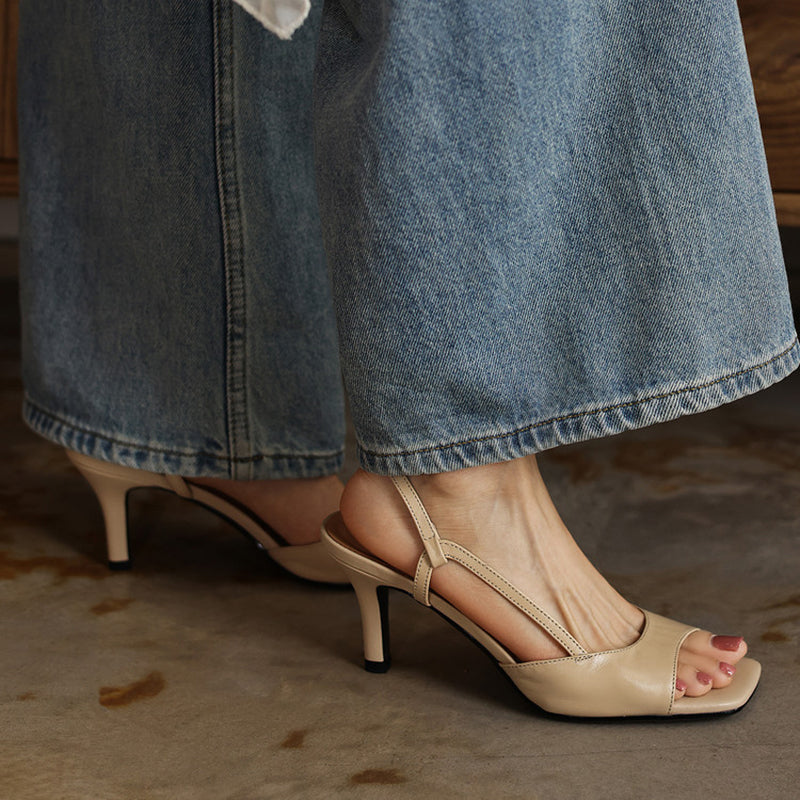 Open Toe Slingback 70mm Stiletto Heel Leather Sandals in Apricot/Black/Beige