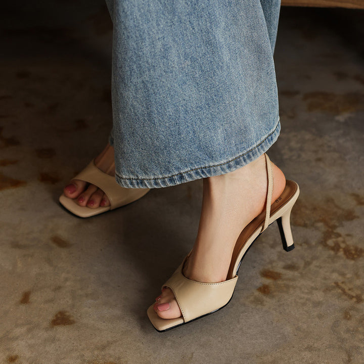 Open Toe Slingback 70mm Stiletto Heel Leather Sandals in Apricot/Black/Beige