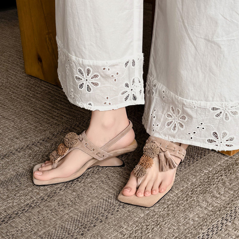 Bohemian Suede Leather Thong Slingback Wedge Sandals with Tassel in Apricot/Brown