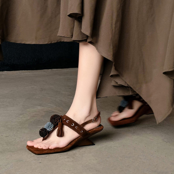 Bohemian Suede Leather Thong Slingback Wedge Sandals with Tassel in Apricot/Brown