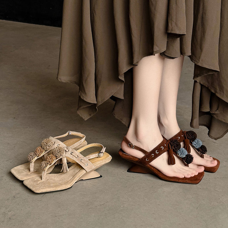 Bohemian Suede Leather Thong Slingback Wedge Sandals with Tassel in Apricot/Brown