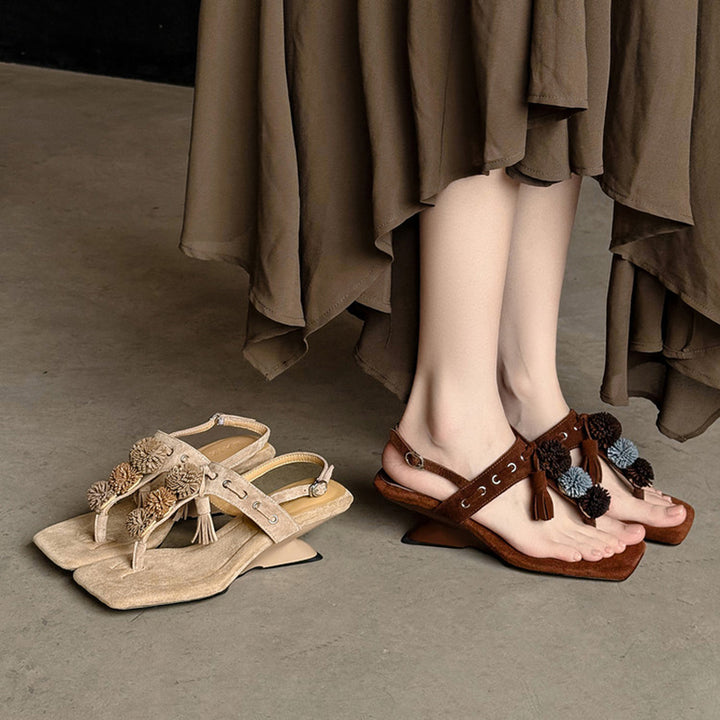 Bohemian Suede Leather Thong Slingback Wedge Sandals with Tassel in Apricot/Brown