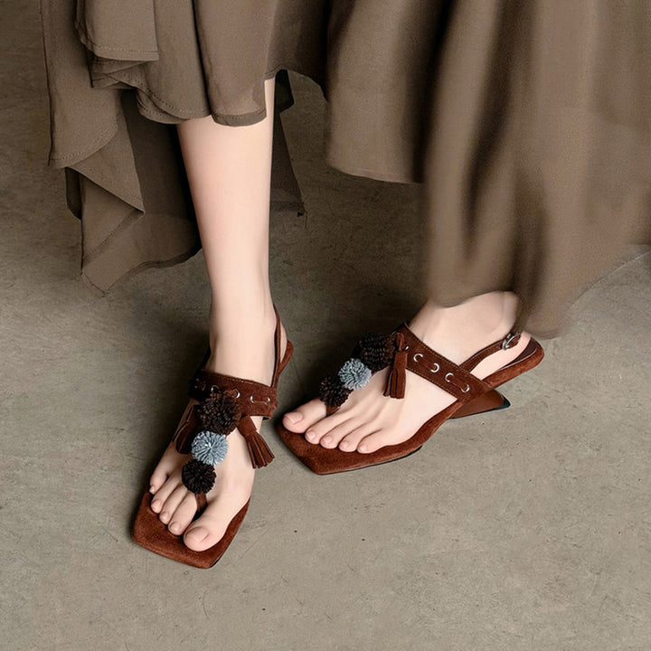 Bohemian Suede Leather Thong Slingback Wedge Sandals with Tassel in Apricot/Brown