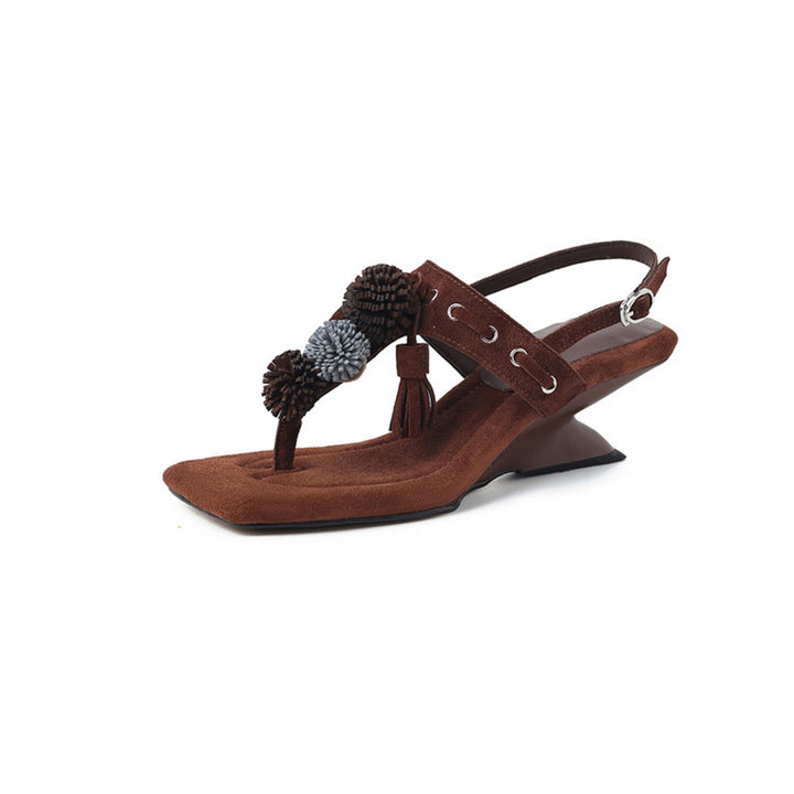 Bohemian Suede Leather Thong Slingback Wedge Sandals with Tassel in Apricot/Brown