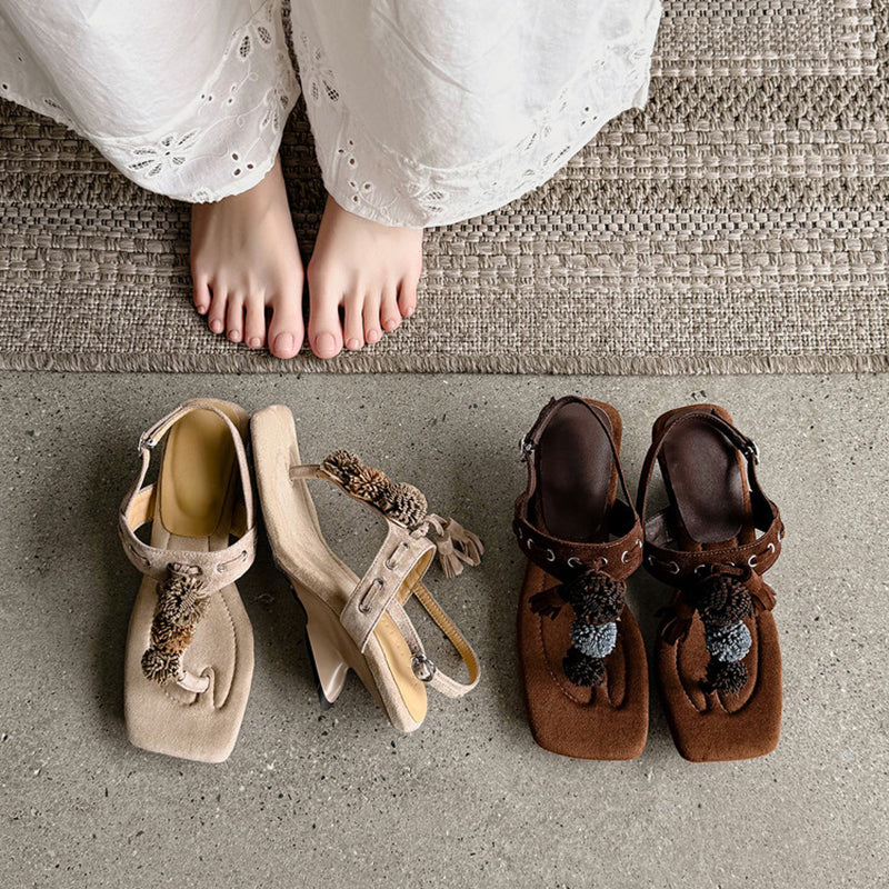 Bohemian Suede Leather Thong Slingback Wedge Sandals with Tassel in Apricot/Brown
