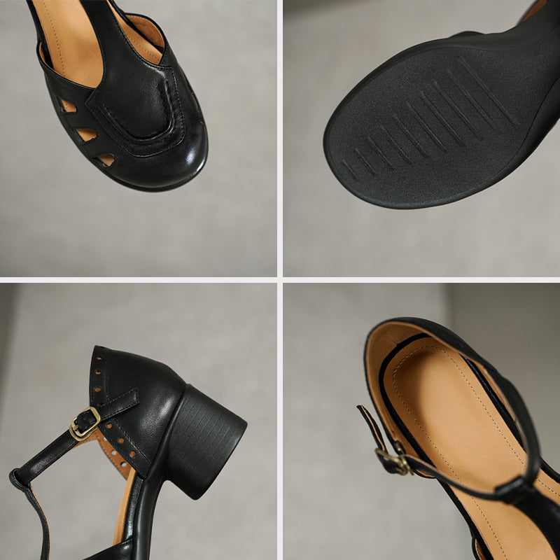 Vintage T-Strap Cutout Leather Mary Jane Fisherman Sandals in Black/Beige/Blue