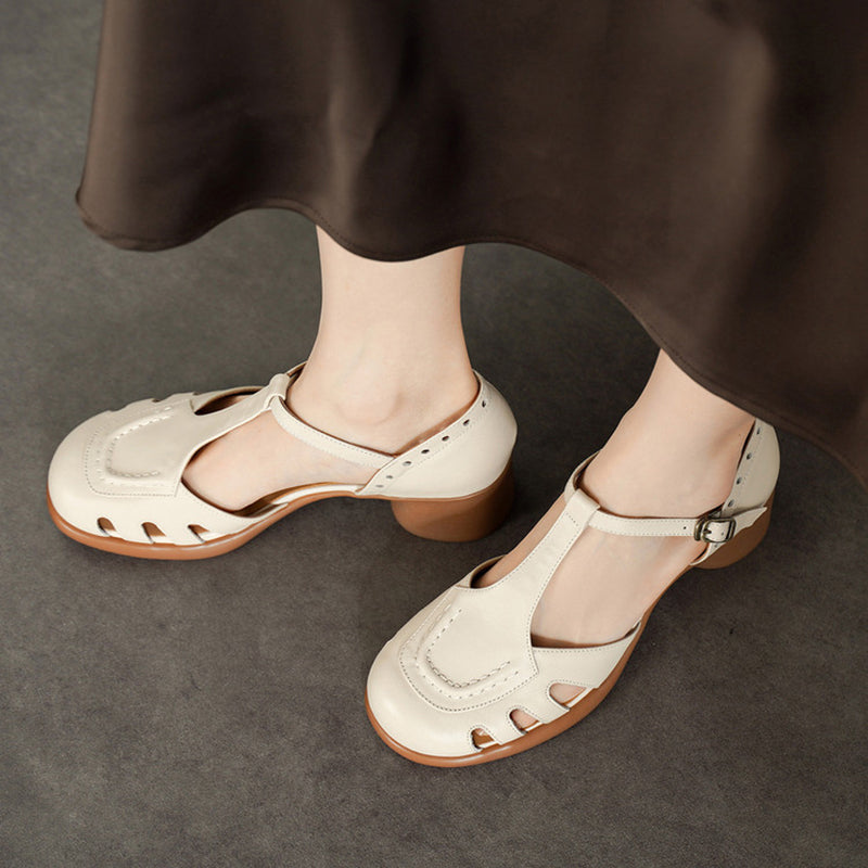 Vintage T-Strap Cutout Leather Mary Jane Fisherman Sandals in Black/Beige/Blue