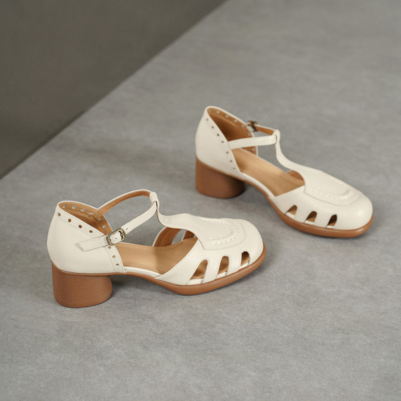 Vintage T-Strap Cutout Leather Mary Jane Fisherman Sandals in Black/Beige/Blue