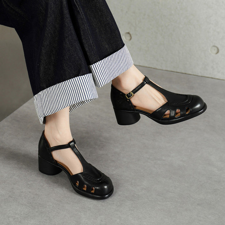 Vintage T-Strap Cutout Leather Mary Jane Fisherman Sandals in Black/Beige/Blue