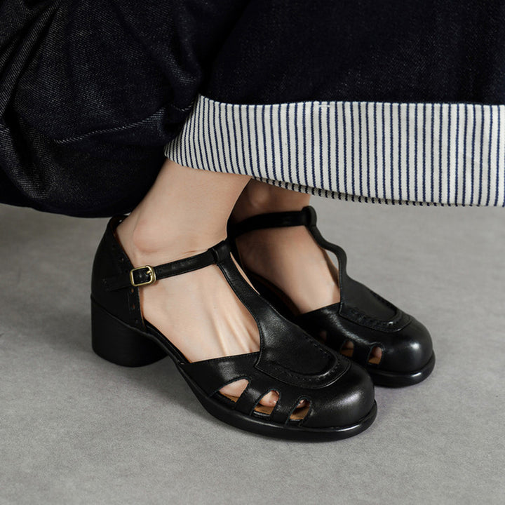 Vintage T-Strap Cutout Leather Mary Jane Fisherman Sandals in Black/Beige/Blue