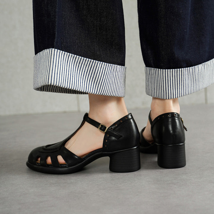 Vintage T-Strap Cutout Leather Mary Jane Fisherman Sandals in Black/Beige/Blue