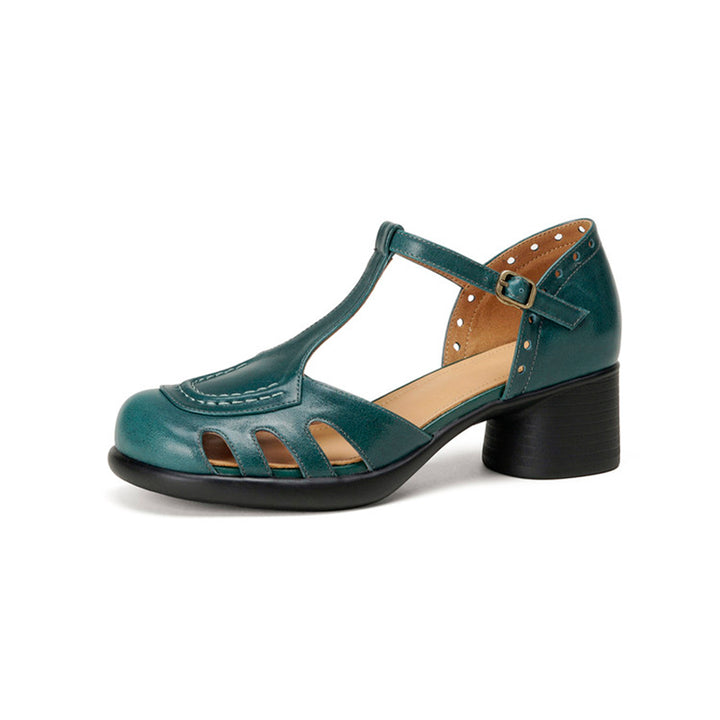 Vintage T-Strap Cutout Leather Mary Jane Fisherman Sandals in Black/Beige/Blue