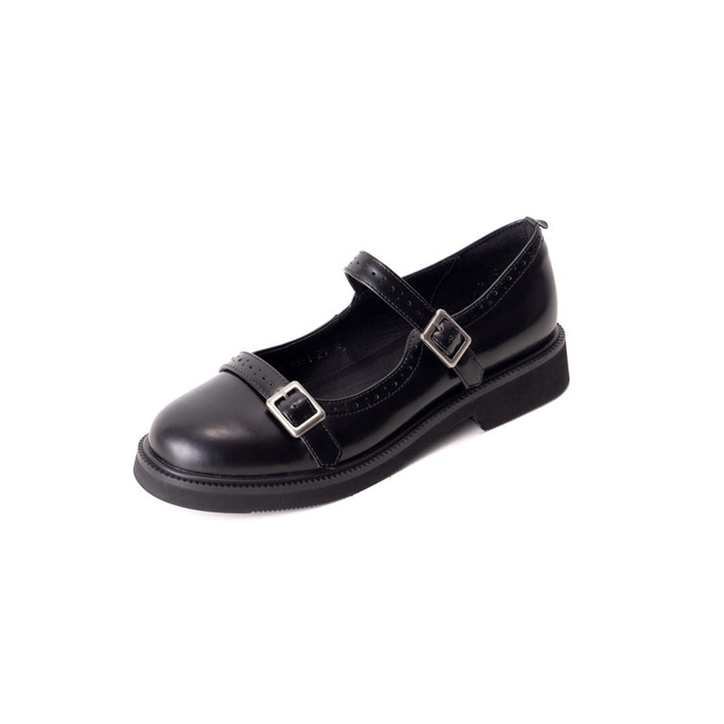 Vintage Double Strap Brogue Leather Mary Jane Shoes in Black/Brown