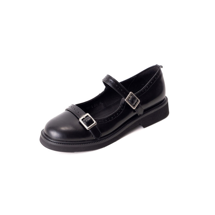 Vintage Double Strap Brogue Leather Mary Jane Shoes in Black/Brown