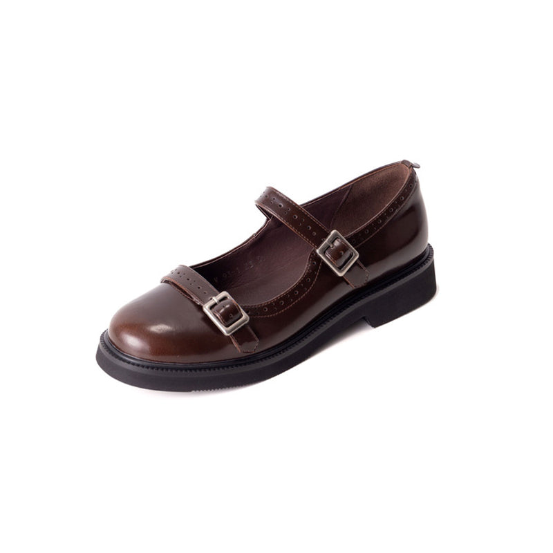 Vintage Double Strap Brogue Leather Mary Jane Shoes in Black/Brown