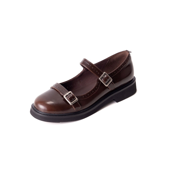 Vintage Double Strap Brogue Leather Mary Jane Shoes in Black/Brown