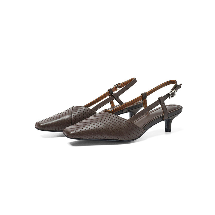 Square Toe Slingback Kitten Heel Sandals Vegetable Tanned Leather Stitched Heels in Black/Brown