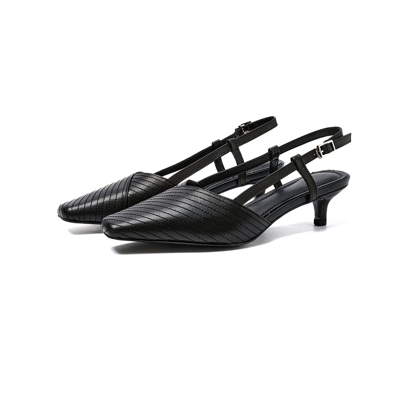 Square Toe Slingback Kitten Heel Sandals Vegetable Tanned Leather Stitched Heels in Black/Brown