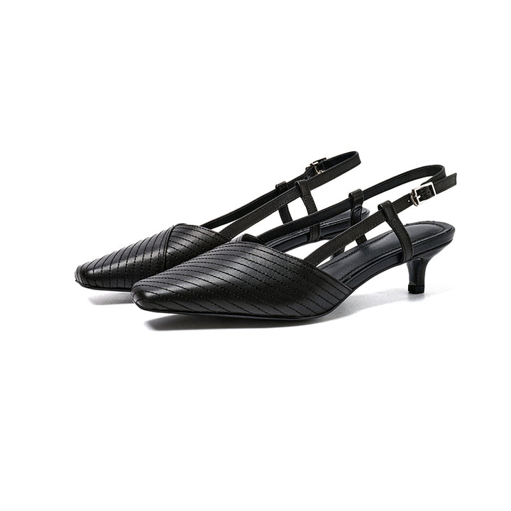 Square Toe Slingback Kitten Heel Sandals Vegetable Tanned Leather Stitched Heels in Black/Brown