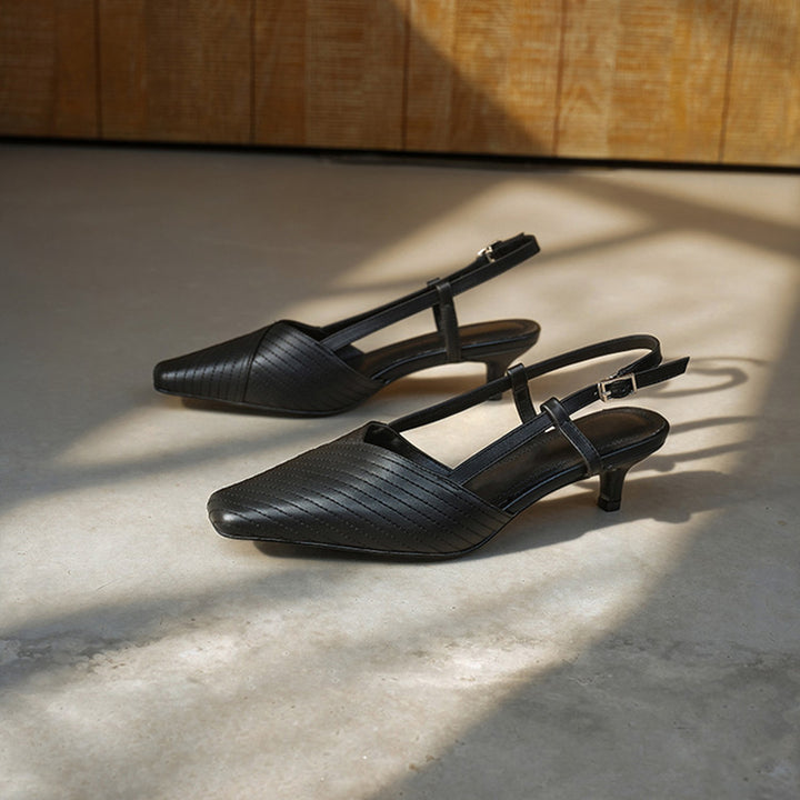 Square Toe Slingback Kitten Heel Sandals Vegetable Tanned Leather Stitched Heels in Black/Brown