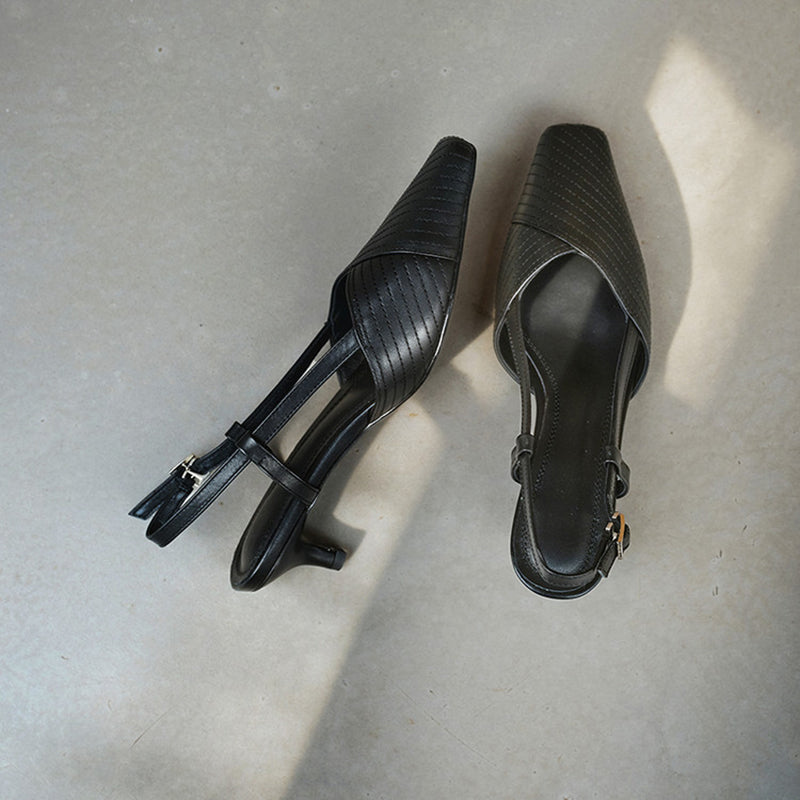 Square Toe Slingback Kitten Heel Sandals Vegetable Tanned Leather Stitched Heels in Black/Brown