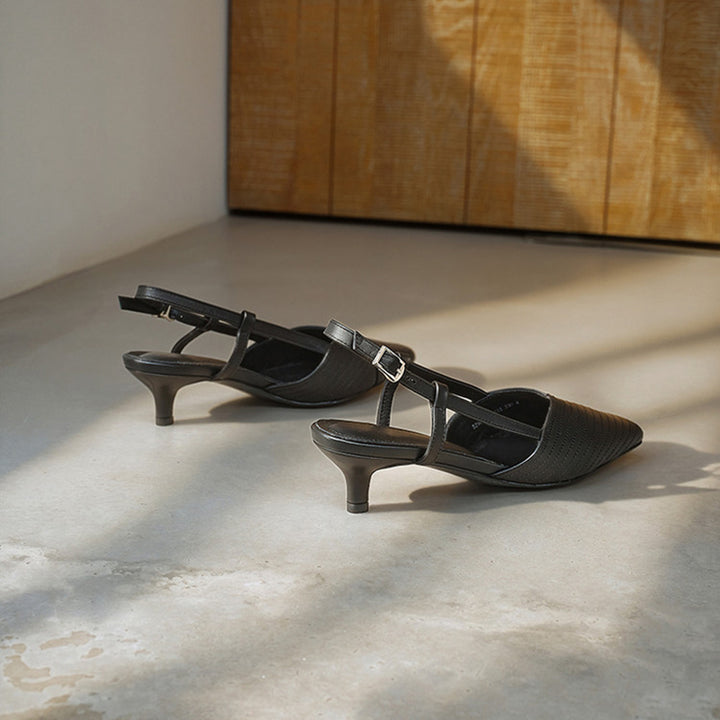 Square Toe Slingback Kitten Heel Sandals Vegetable Tanned Leather Stitched Heels in Black/Brown