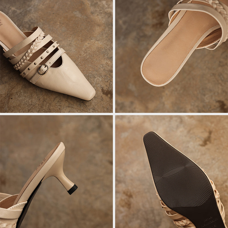Elegant Leather Braided Strap Square Toe Kitten Heel Mules in Black/Brown/Beige