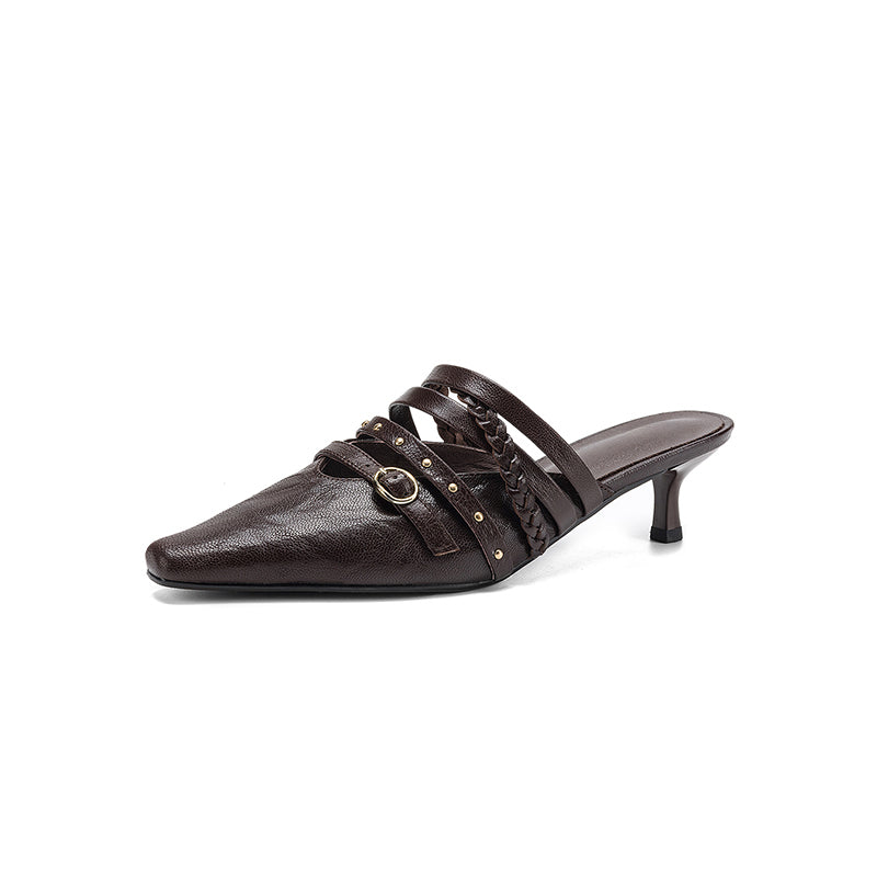 Elegant Leather Braided Strap Square Toe Kitten Heel Mules in Black/Brown/Beige